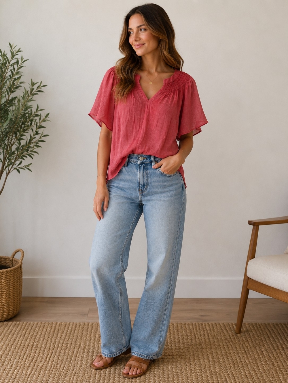 V-Neck Flutter Sleeve Blouse in Rose - Women's Top